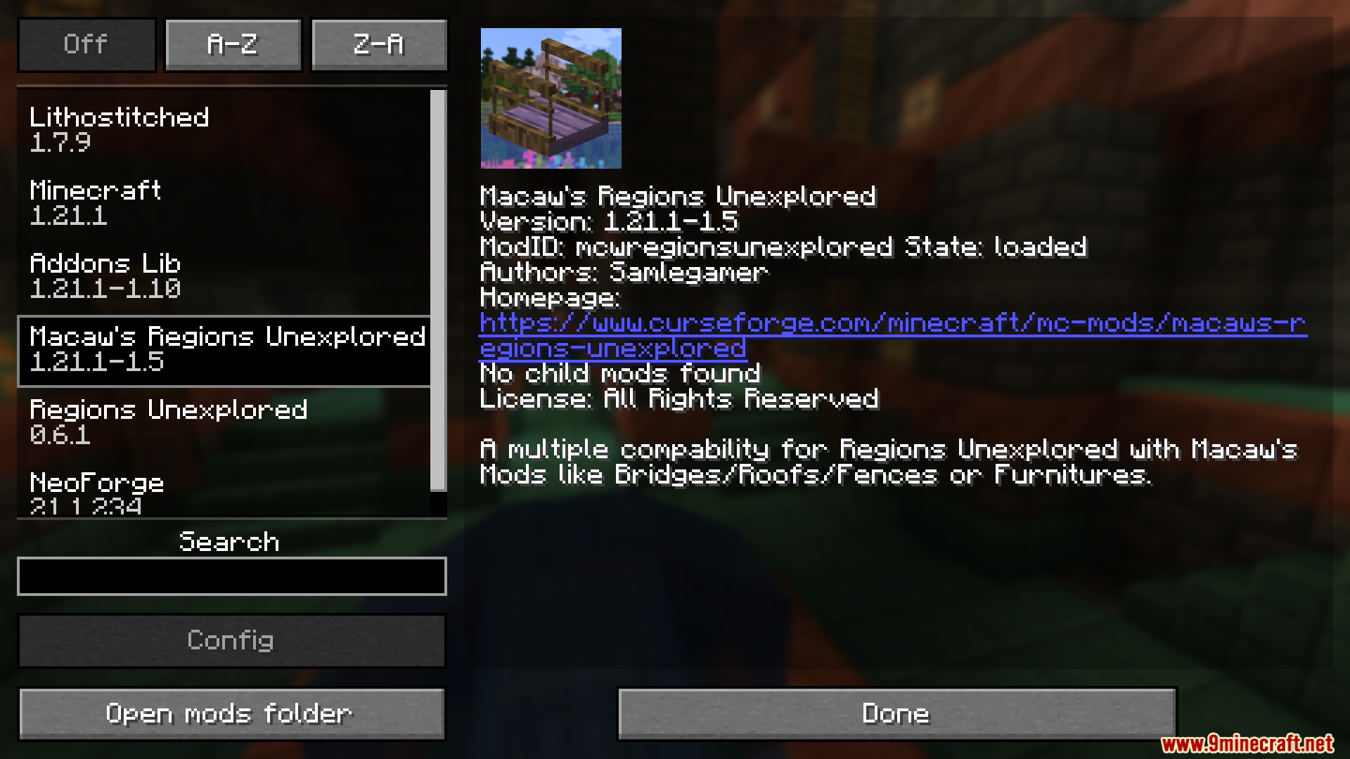 Macaws Regions Unexplored Mod Screenshot 1 The mod menu screen showing information for Macaws Regions Unexplored addon