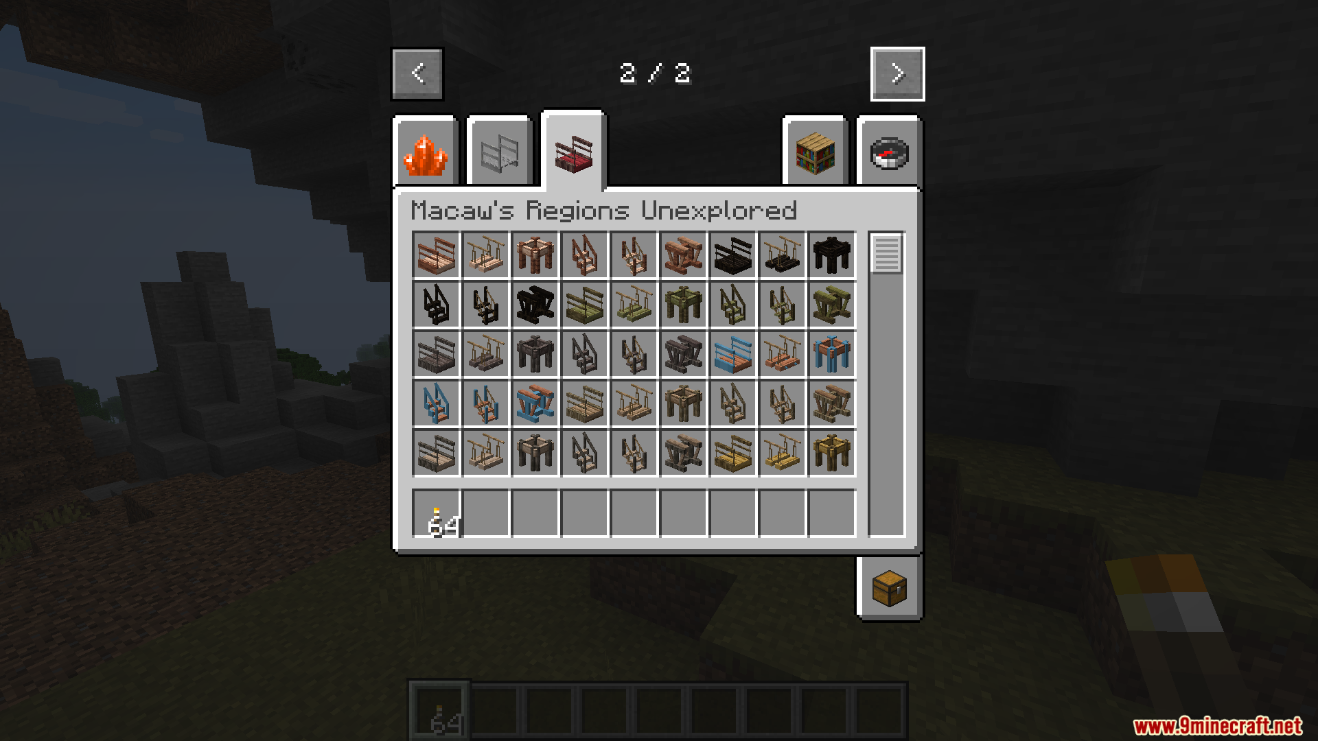 Macaws Regions Unexplored Mod Screenshot 3 Macaws Regions Unexplored inventory tab showing many different wooden bridge and furniture items