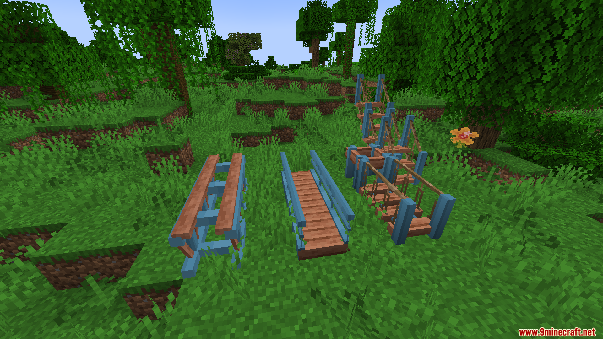 Macaws Regions Unexplored Mod Screenshot 6 Various colorful wooden bridge designs from Macaws Regions Unexplored Mod on grass