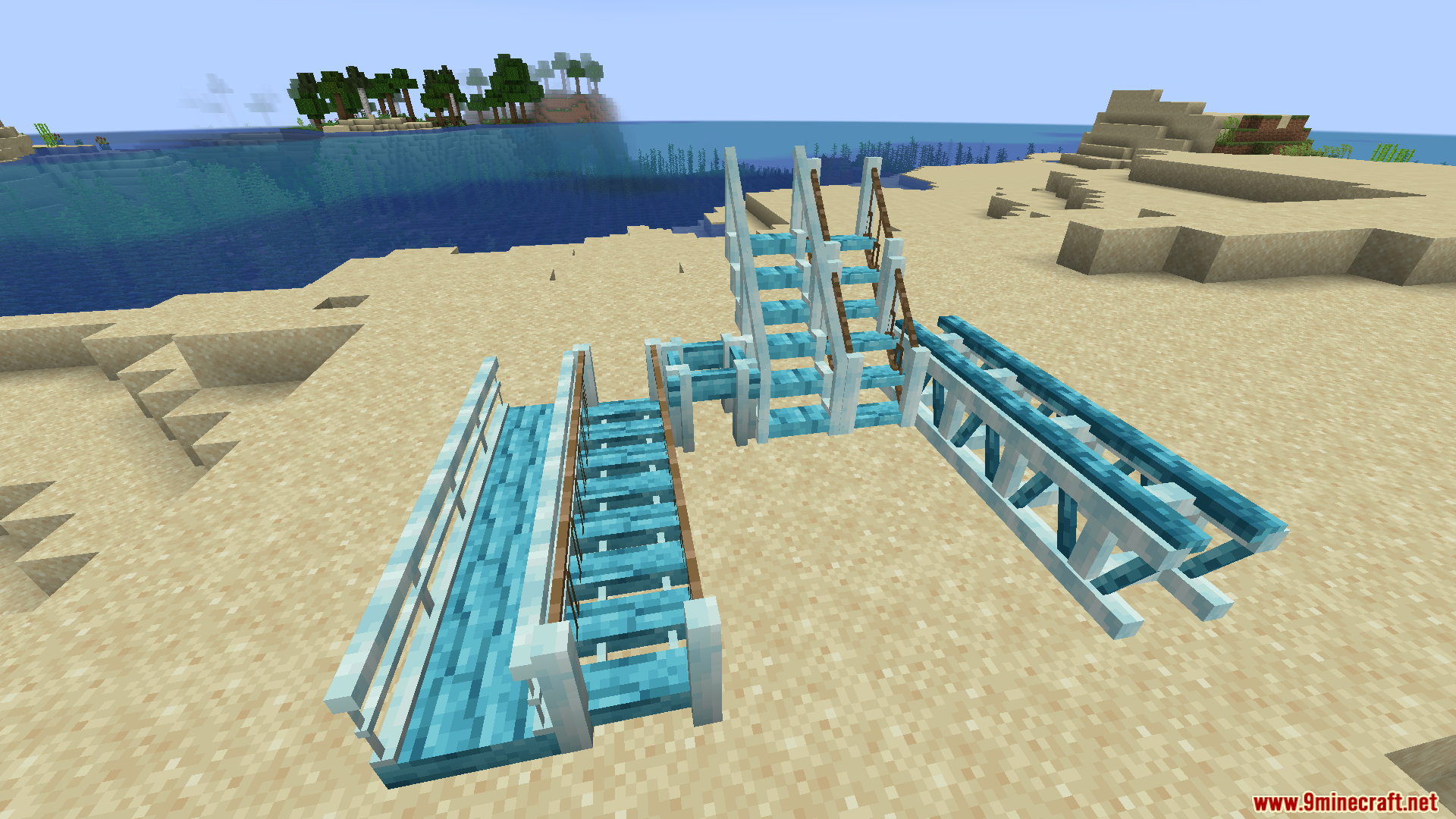 Macaws Regions Unexplored Mod Screenshot 8 Light blue wooden bridge and stair components displayed on a sandy beach