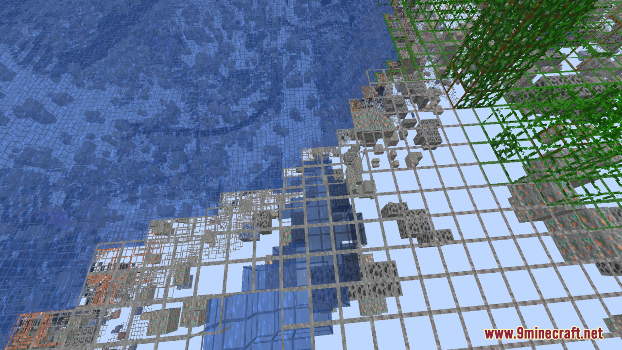 Mahi's X-Ray Resource Pack Screenshot 12 Various ores visible through a grid of transparent blocks near the water