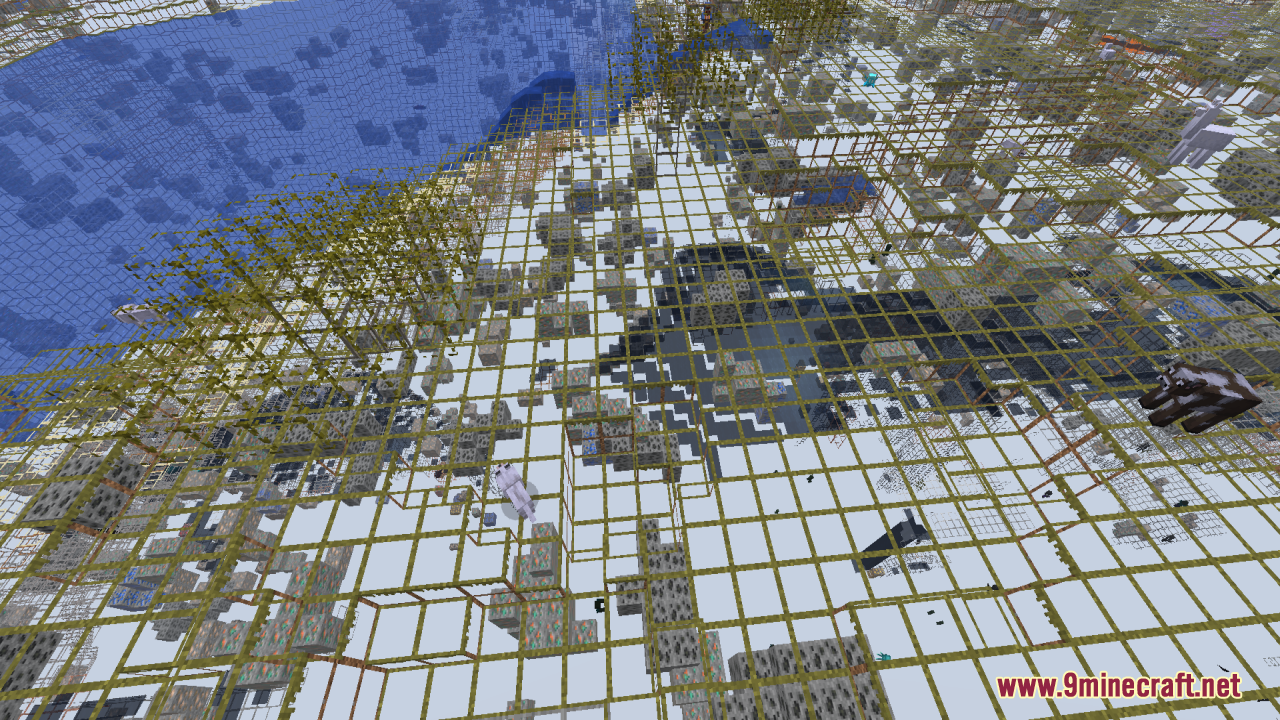 Mahi's X-Ray Resource Pack Screenshot 6 Underground ores and caves are visible through a transparent wireframe grid layout