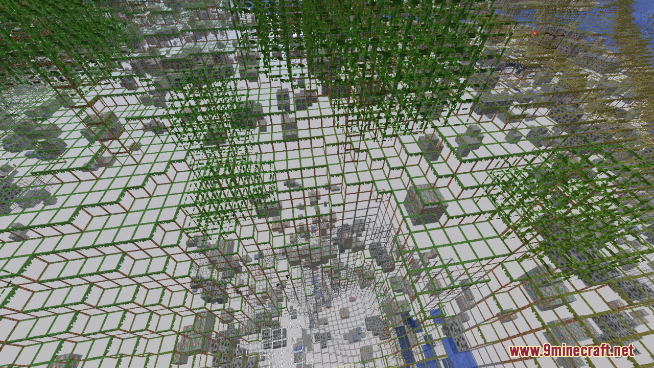Mahi's X-Ray Resource Pack Screenshot 8 Top down view of transparent wireframe blocks showing deep underground cave systems
