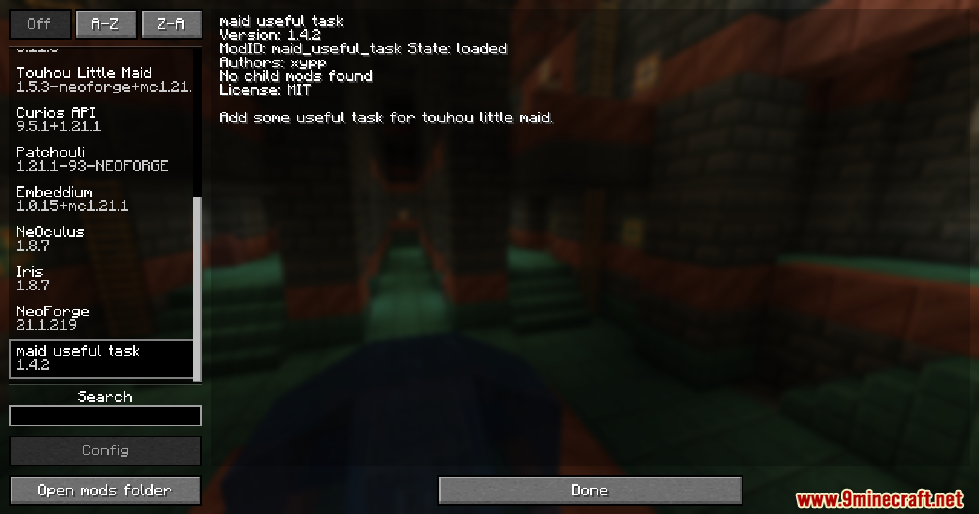 Maid Useful Task Mod Screenshot 1 A list of installed Minecraft mods including the Maid useful task addon