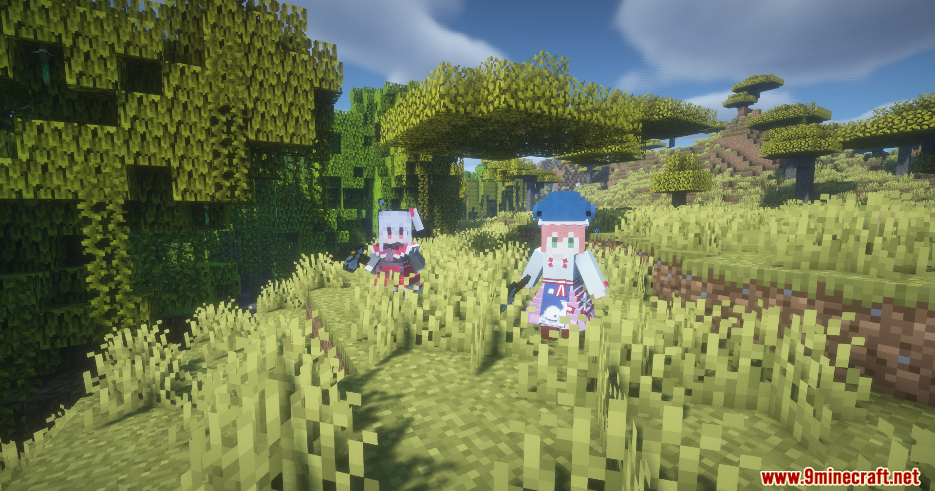 Maid Useful Task Mod Screenshot 12 Two maid helpers standing in a grassy field within a savanna biome