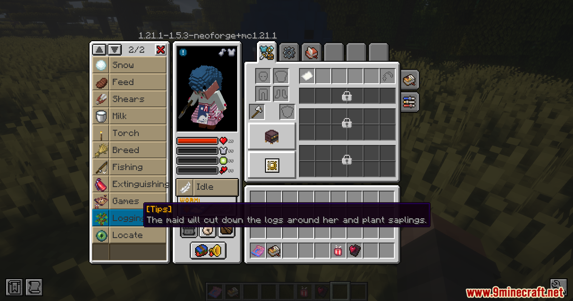 Maid Useful Task Mod Screenshot 2 The maid interface menu shows the logging task for automated tree chopping