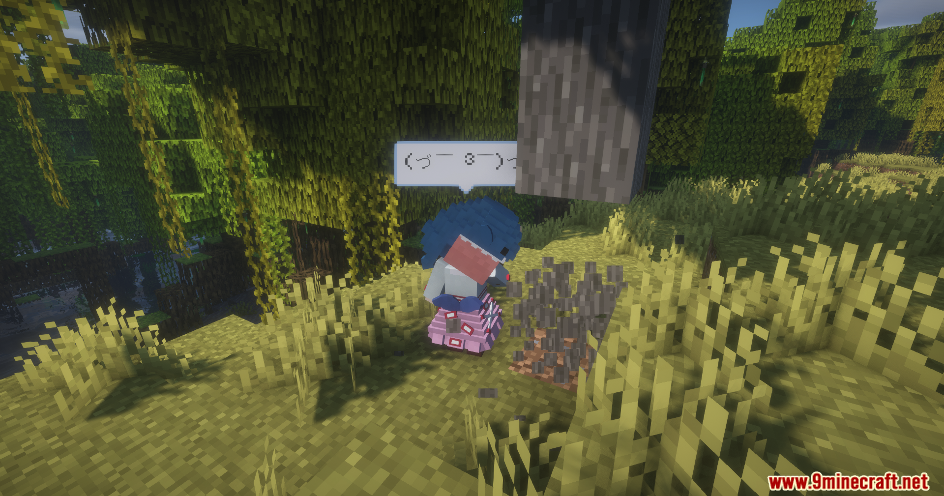 Maid Useful Task Mod Screenshot 4 Maid character chopping a tree trunk to collect wood in the forest
