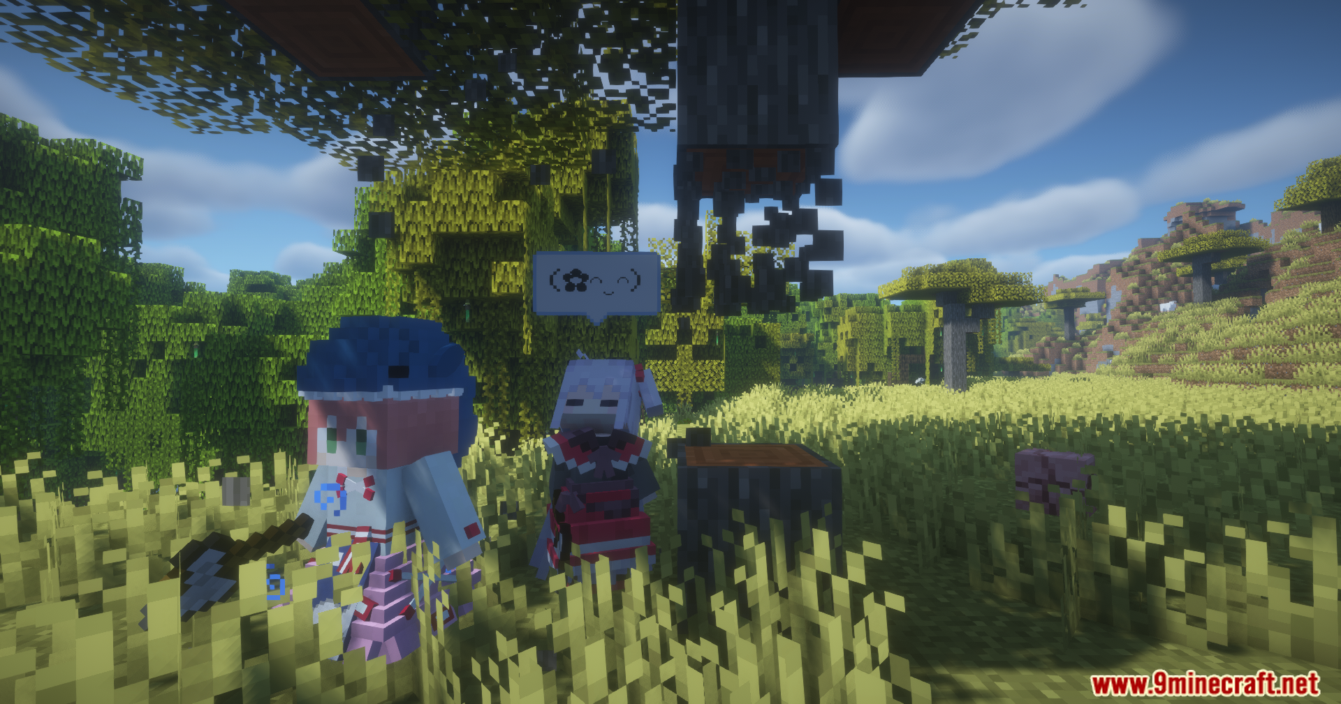 Maid Useful Task Mod Screenshot 7 A maid character holding an axe stands near a floating wooden tree trunk