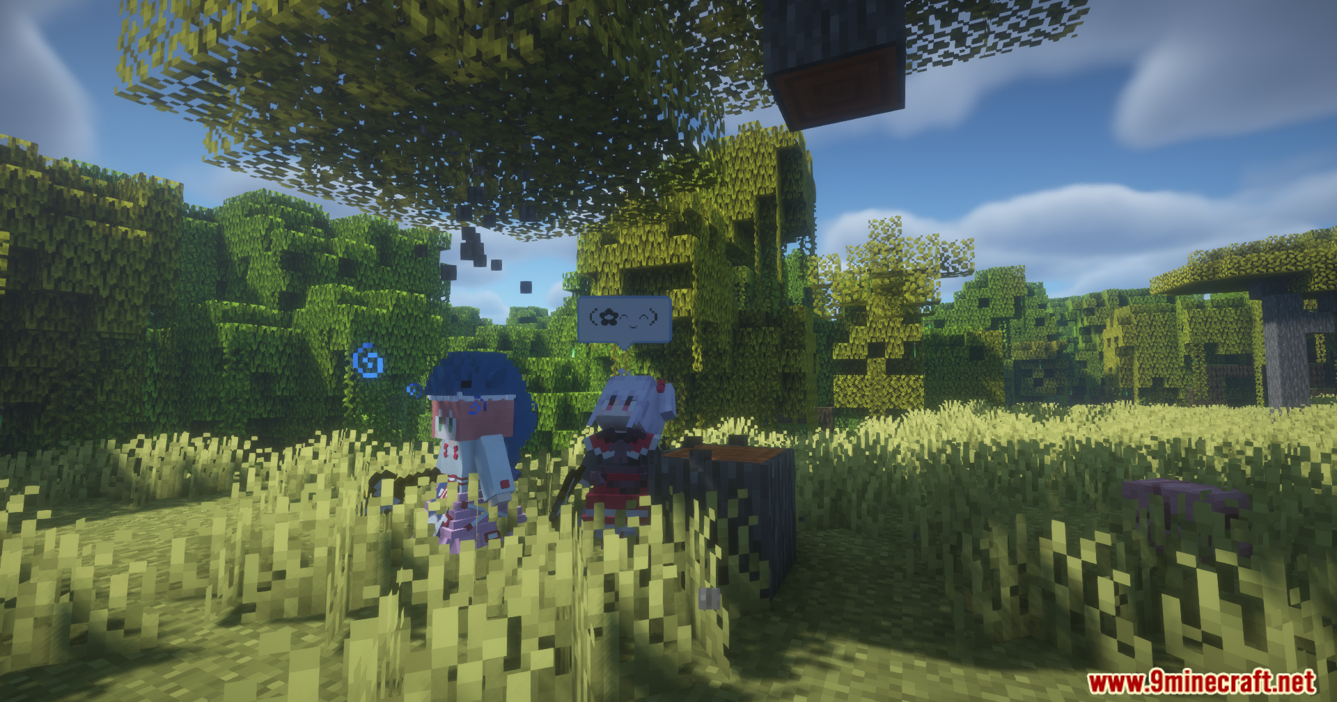 Maid Useful Task Mod Screenshot 8 Maid characters automate woodcutting tasks while standing in a sunny Minecraft forest