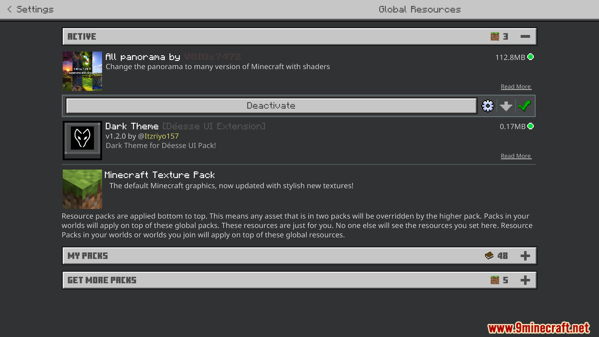 Many Versions Panorama with Shaders Texture Pack Screenshot 1 Global resources menu showing active Many Versions Panorama With Shaders Texture Pack