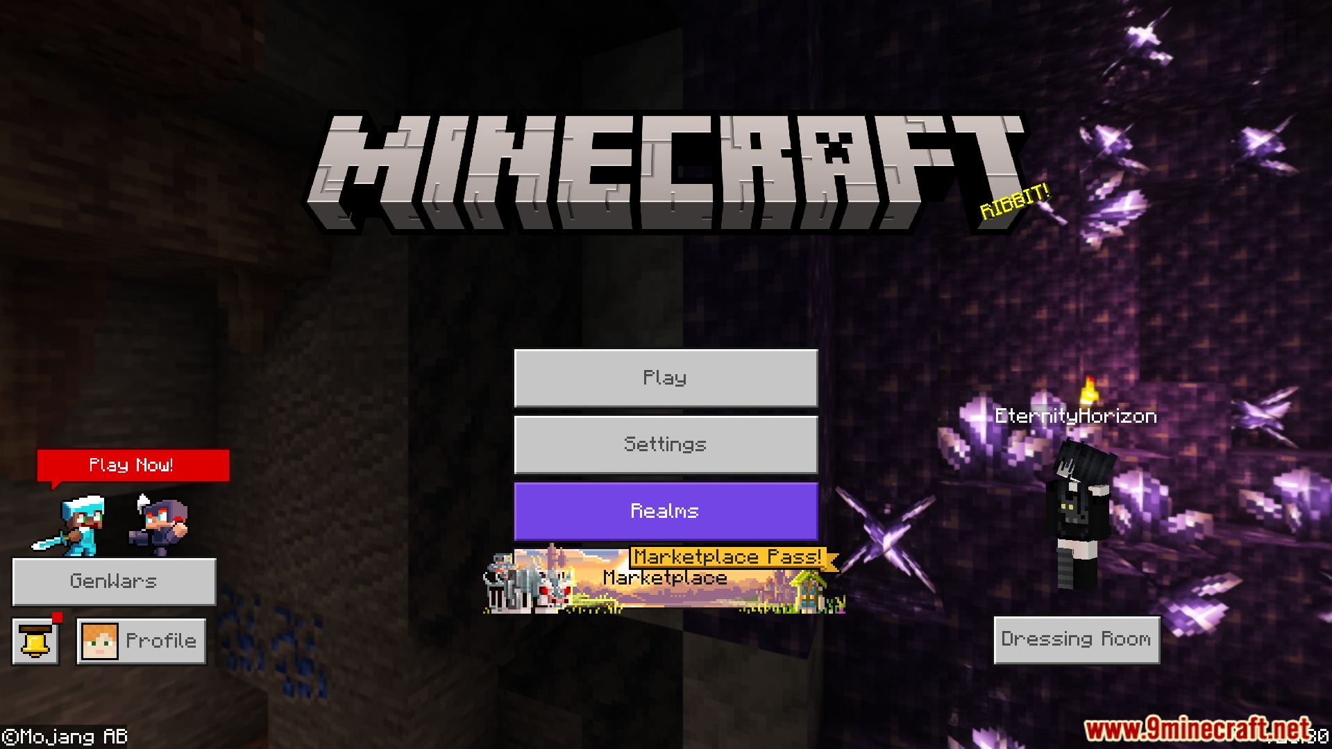 Many Versions Panorama with Shaders Texture Pack Screenshot 10 Minecraft main menu screen featuring a dark cave with glowing amethyst crystals