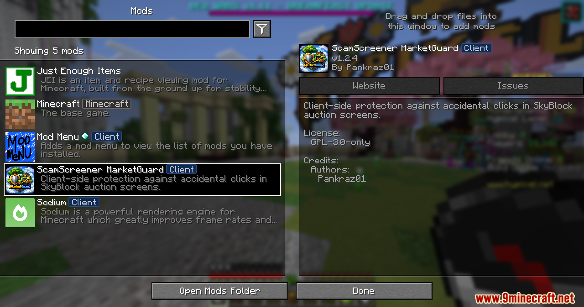 A Minecraft mod menu screen showing the MarketGuard client and other mods