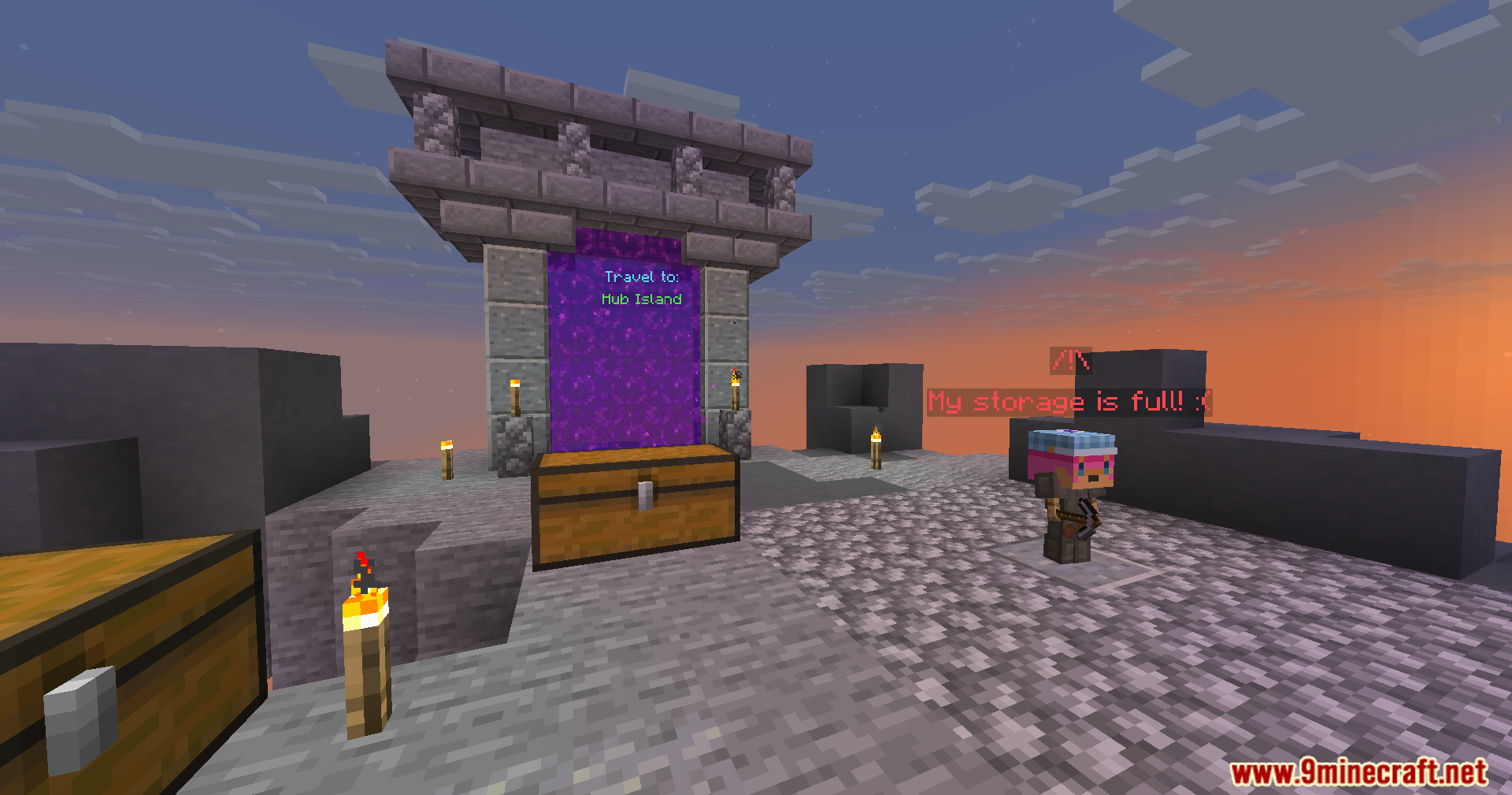 A portal to the hub island stands next to a full storage minion
