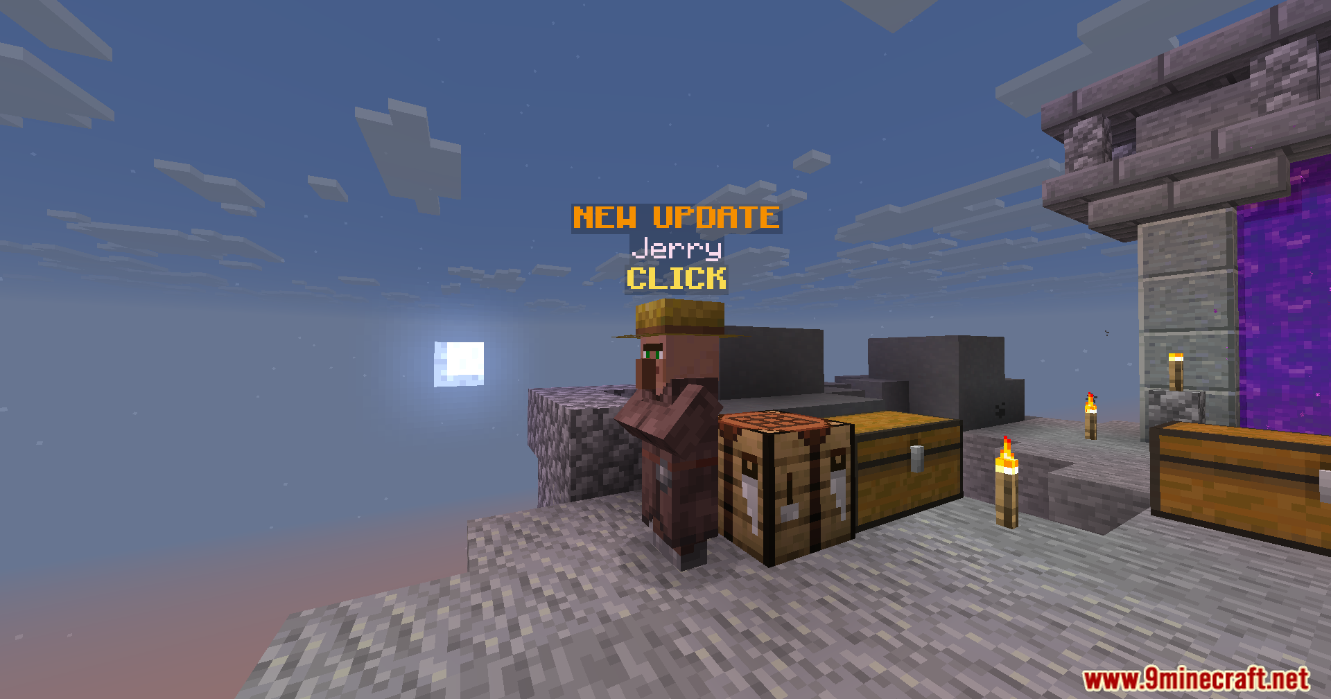Villager NPC Jerry standing near a crafting table and a nether portal