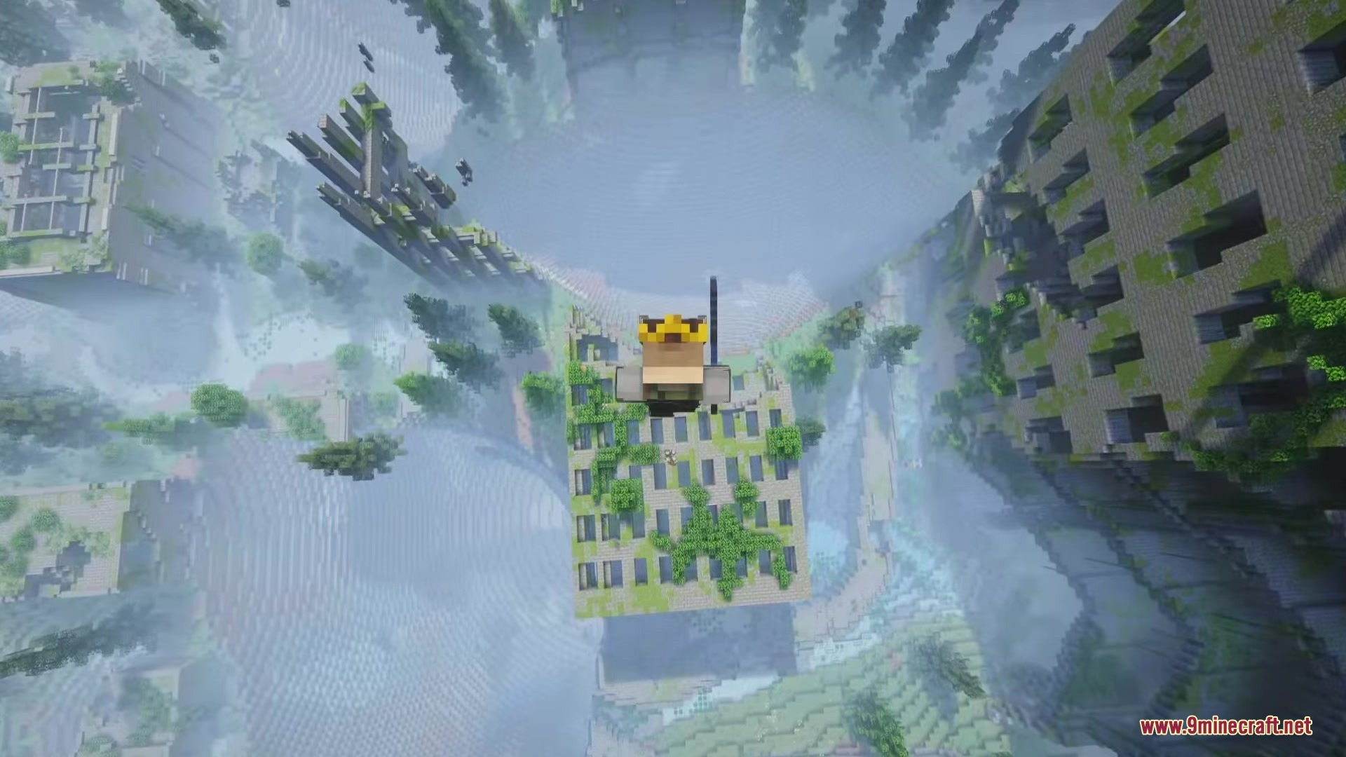 Mas Effects Curseforge Edition Mod Screenshot 4 Player with a crown falling through a distorted world of overgrown ruined buildings