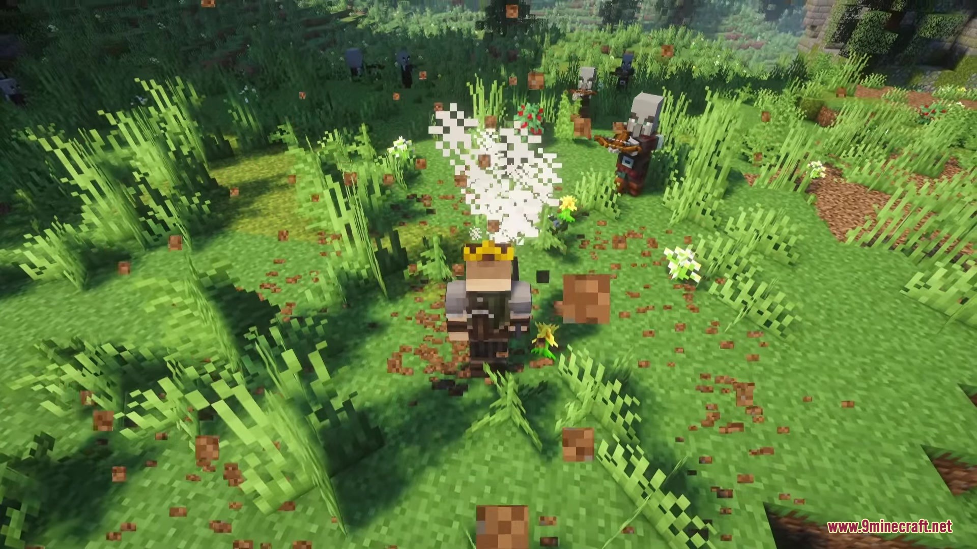 Mas Effects Curseforge Edition Mod Screenshot 8 A player wearing a crown battles Pillagers with dramatic combat particle effects