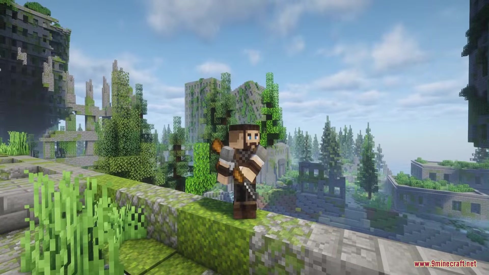 Mas Effects Curseforge Edition Mod Screenshot 9 A Minecraft player stands on a ruined building in an overgrown city