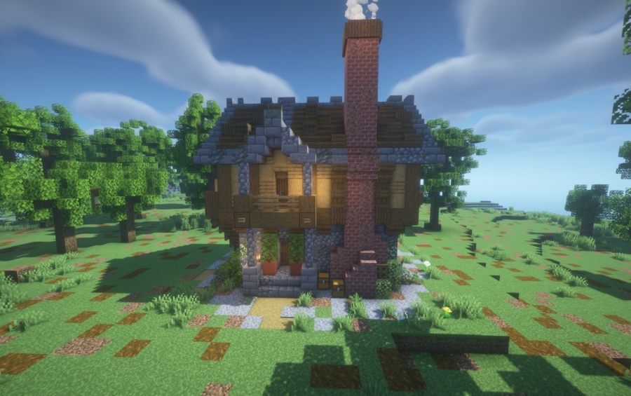 Medieval Cozy House Schematic File Schematic Screenshots 2 A medieval house featuring a tall brick chimney and a wooden balcony
