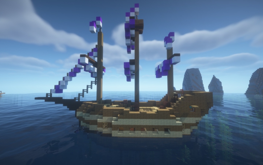 A detailed wooden medieval ship with purple sails floating on blue water