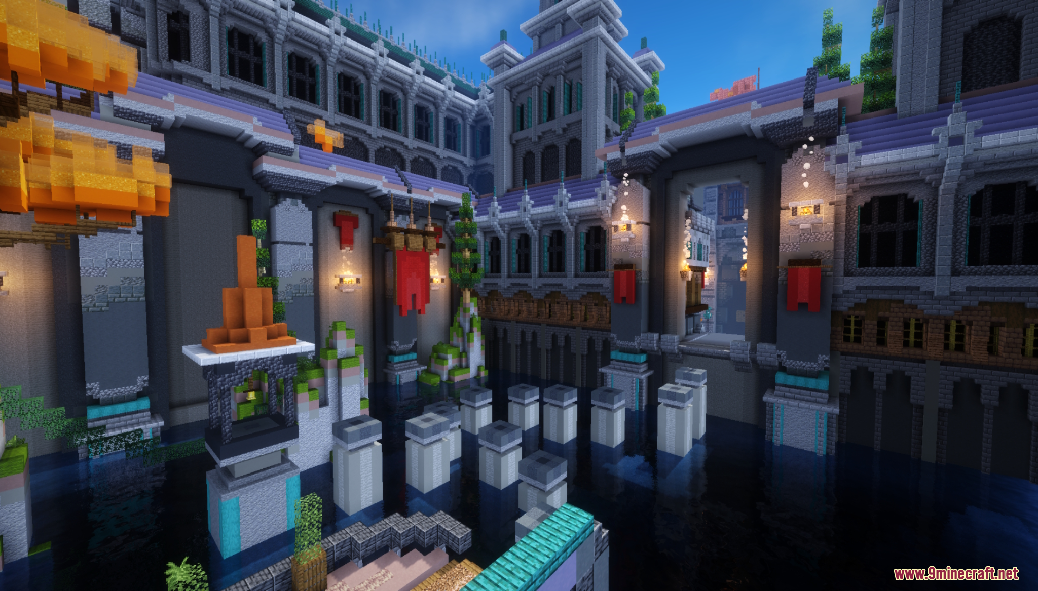 Ornate stone buildings and banners overlooking a dark body of water