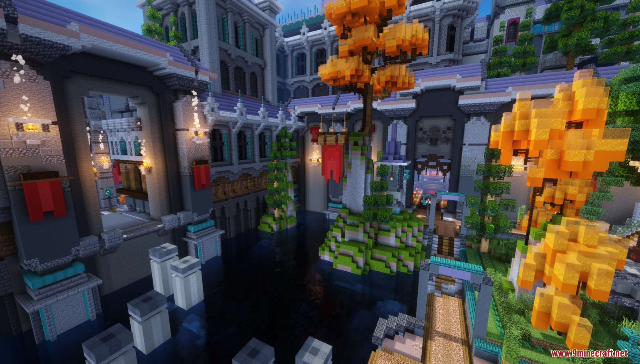Grand fantasy castle courtyard with water and vibrant orange autumn trees