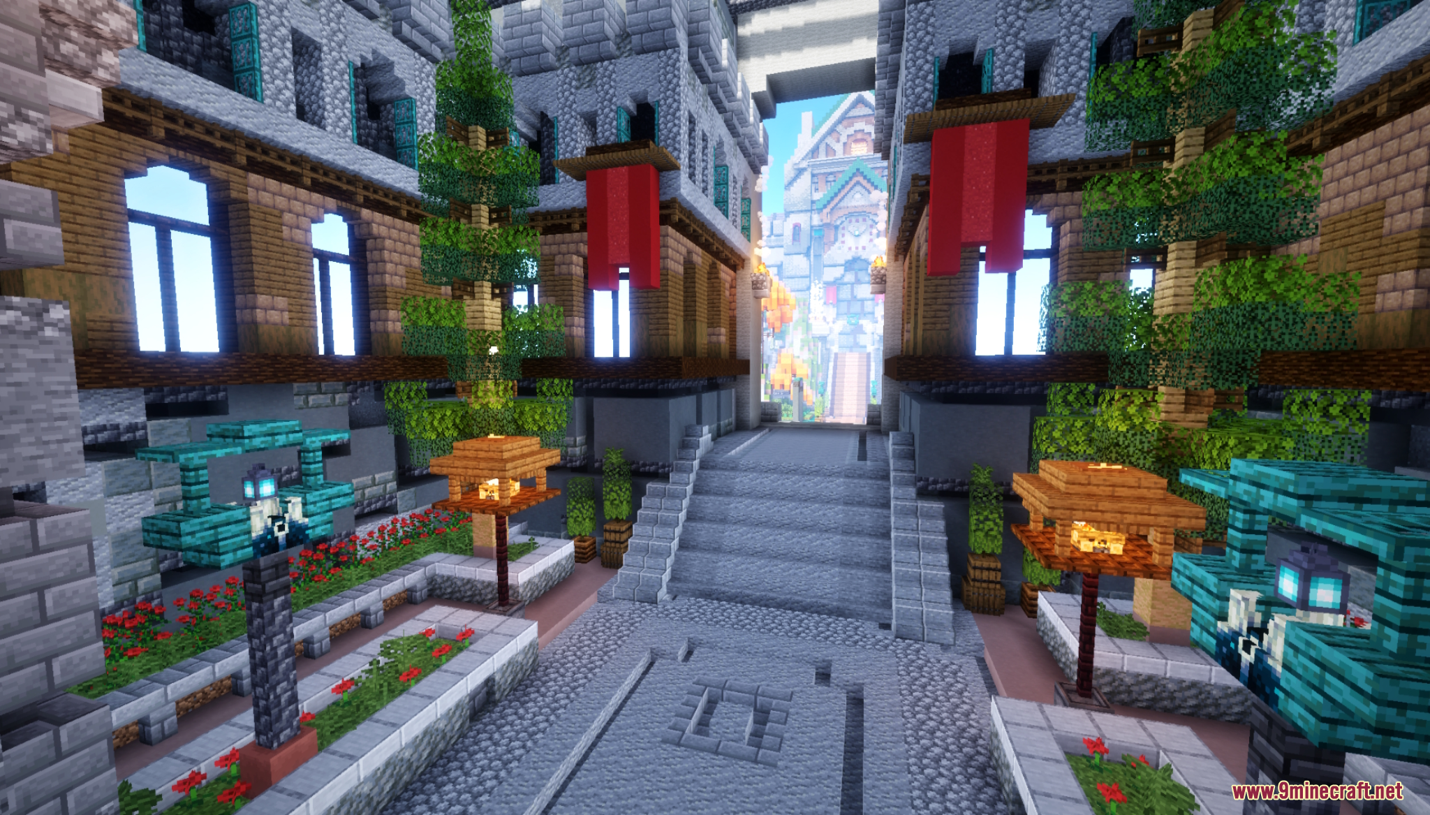 Stone pathway between buildings decorated with red banners and glowing lanterns