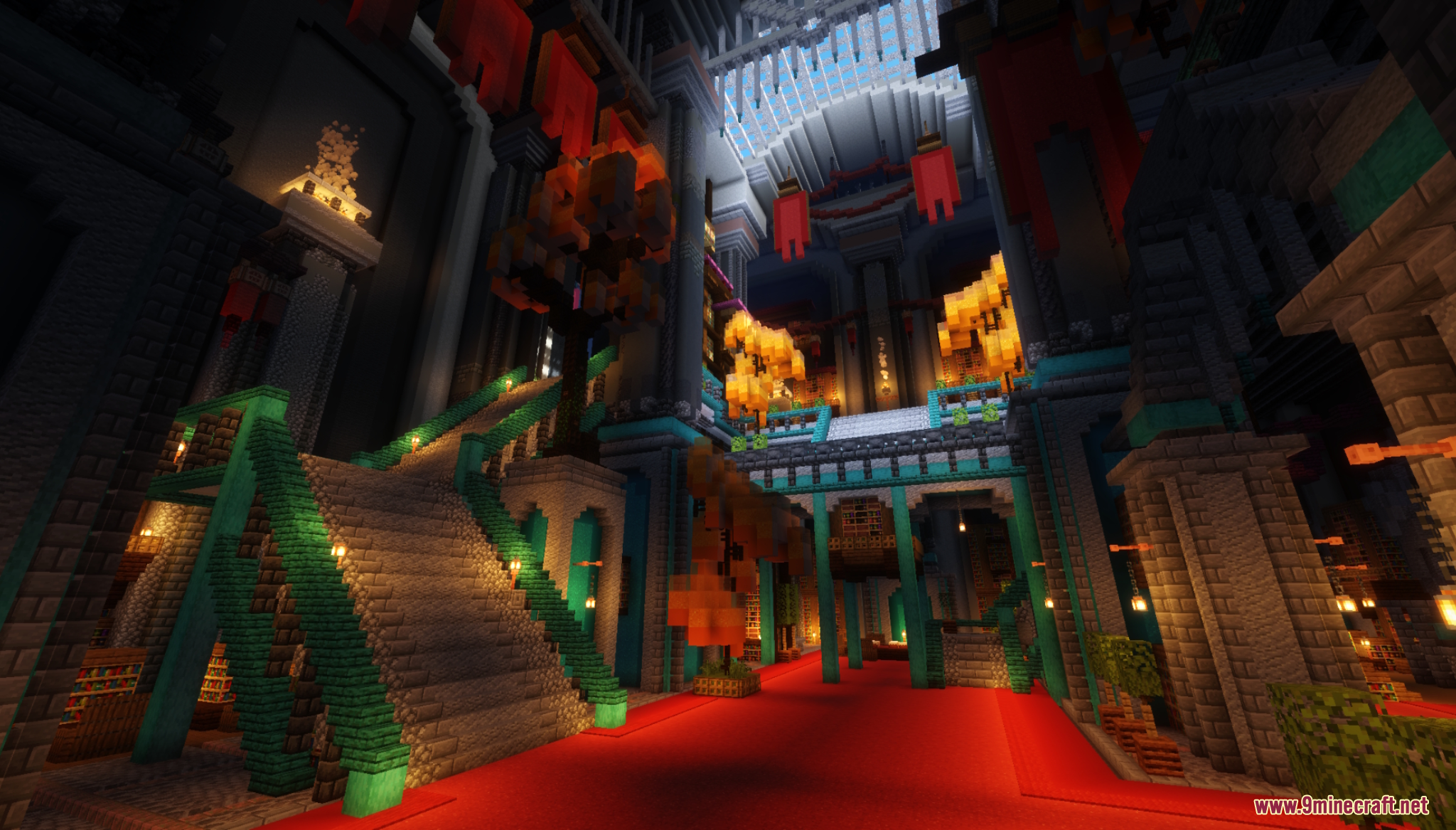 Grand entrance hall of the Medium Dungeon Map with red carpet and stairs