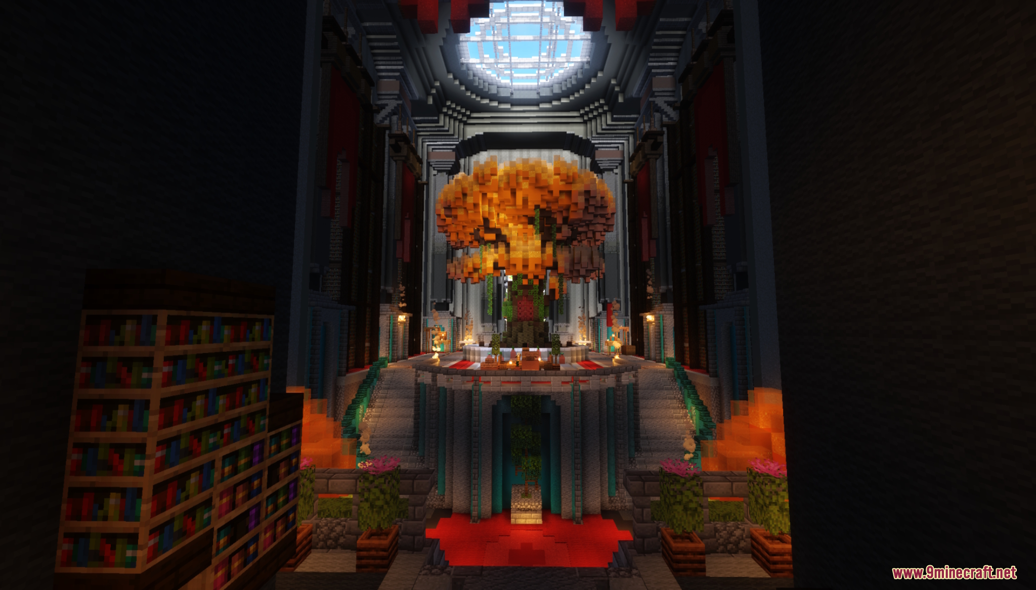 Symmetrical dungeon hall view featuring a large orange tree structure and a skylight