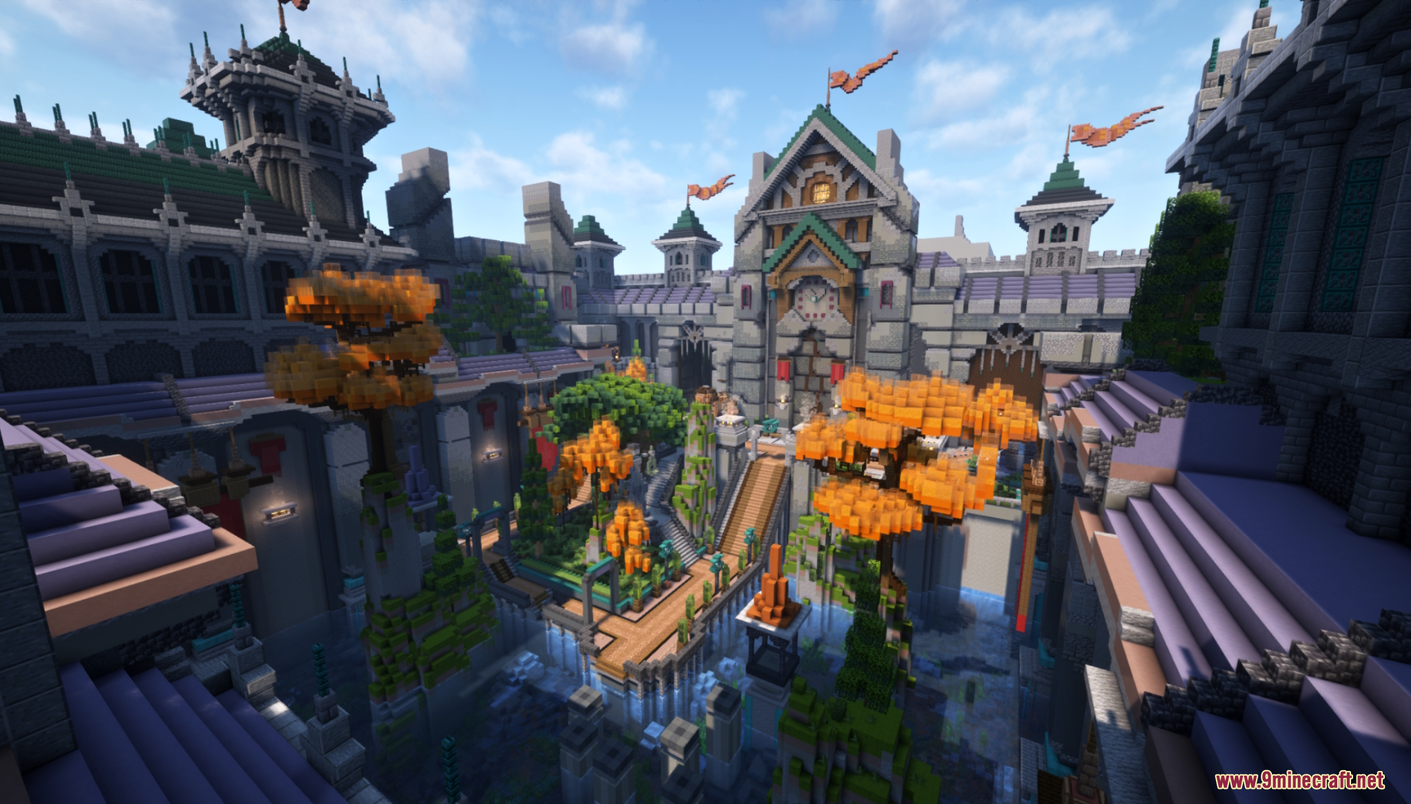 Detailed stone castle courtyard with orange trees and a central clock tower