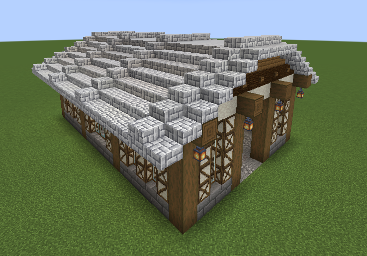 Exterior view of a medium workshop warehouse with a stone brick roof