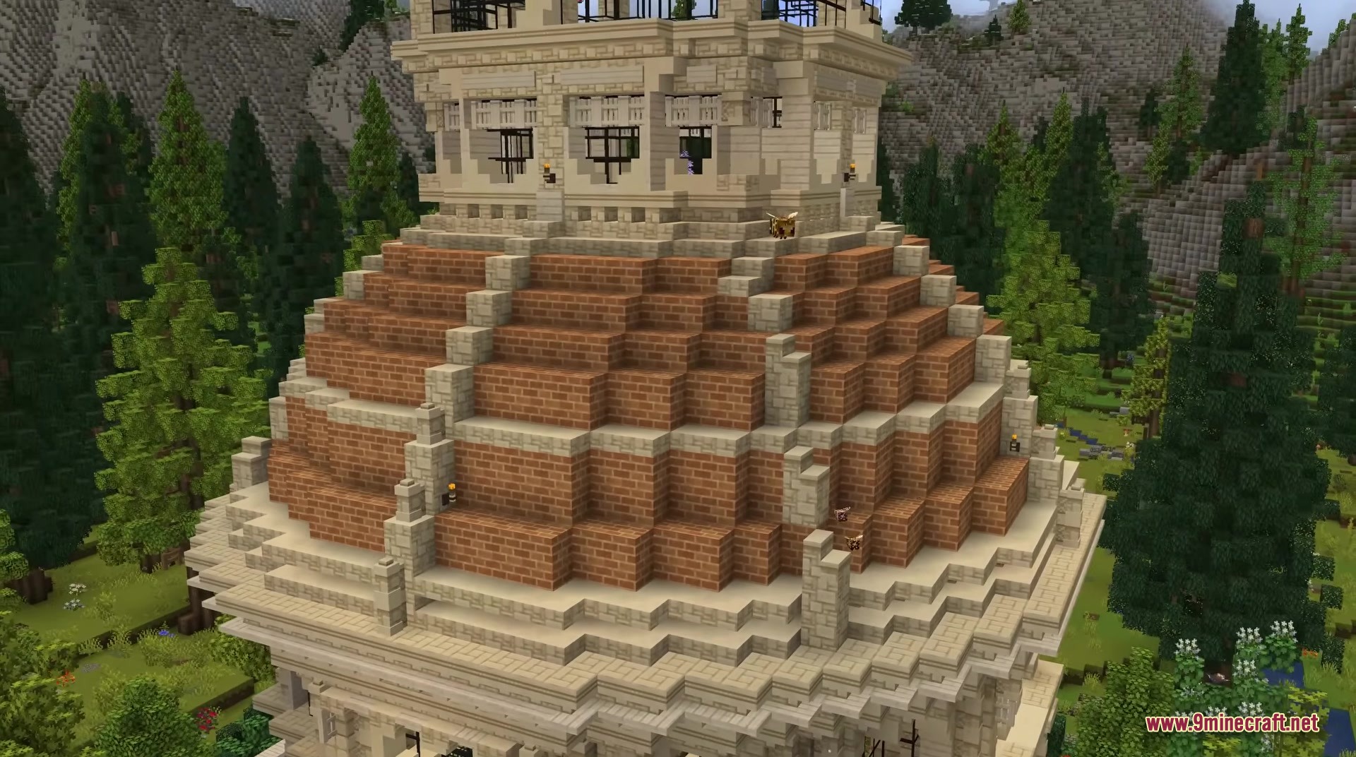 A grand dome structure built with detailed textures in a mountain forest