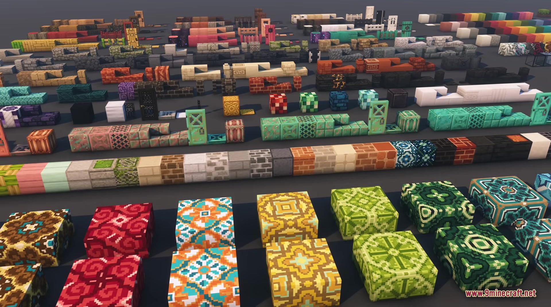 Showcase of Mizuno Craft resource pack featuring various textured blocks and items