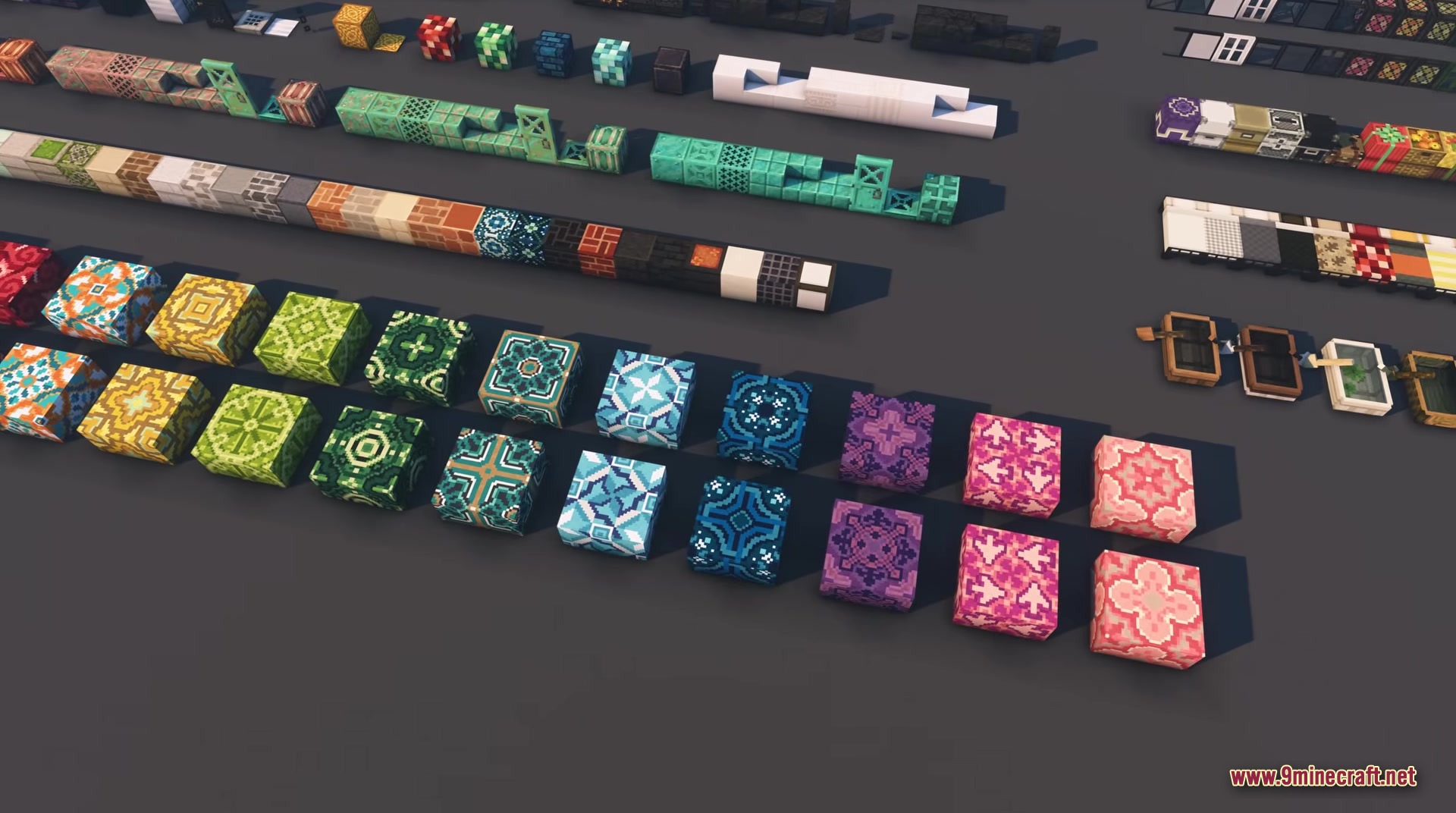 Rows of colorful patterned blocks and building materials in a flat world