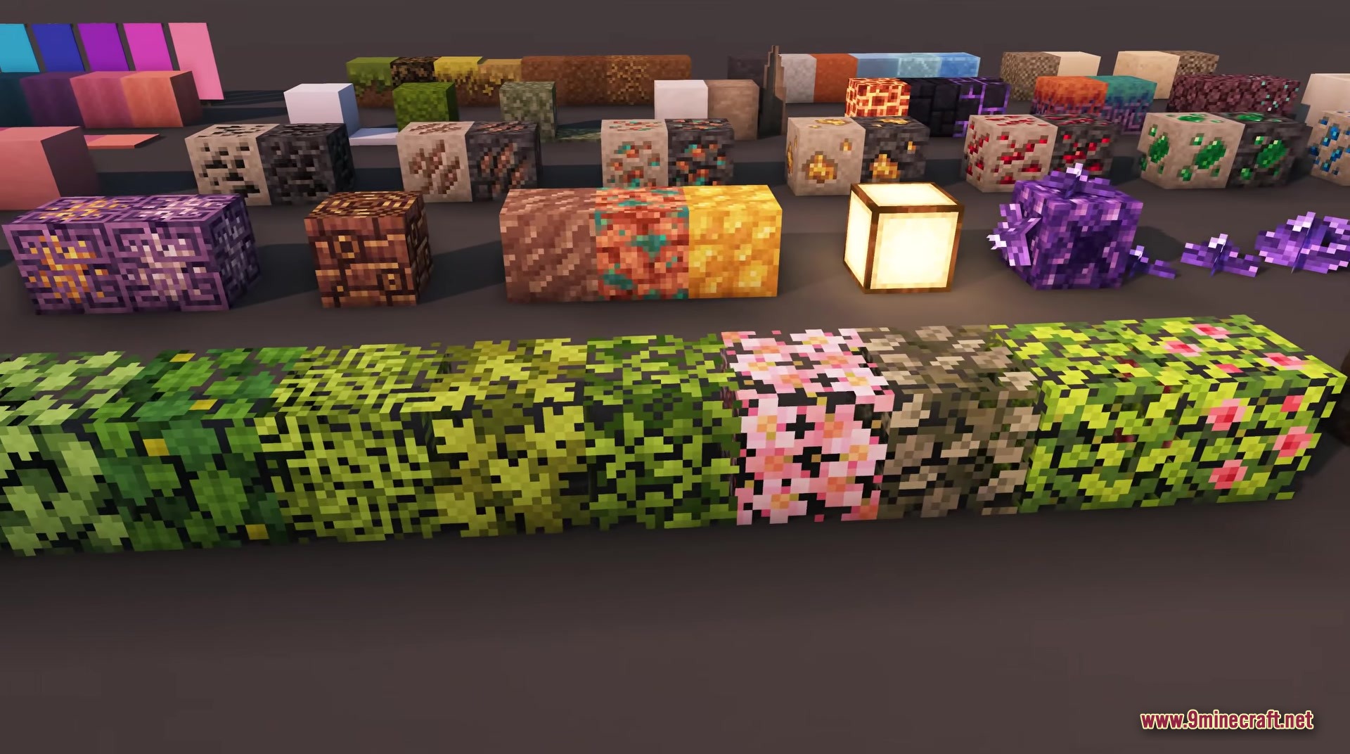 A showcase of various blocks and ores from the Mizuno Craft resource pack