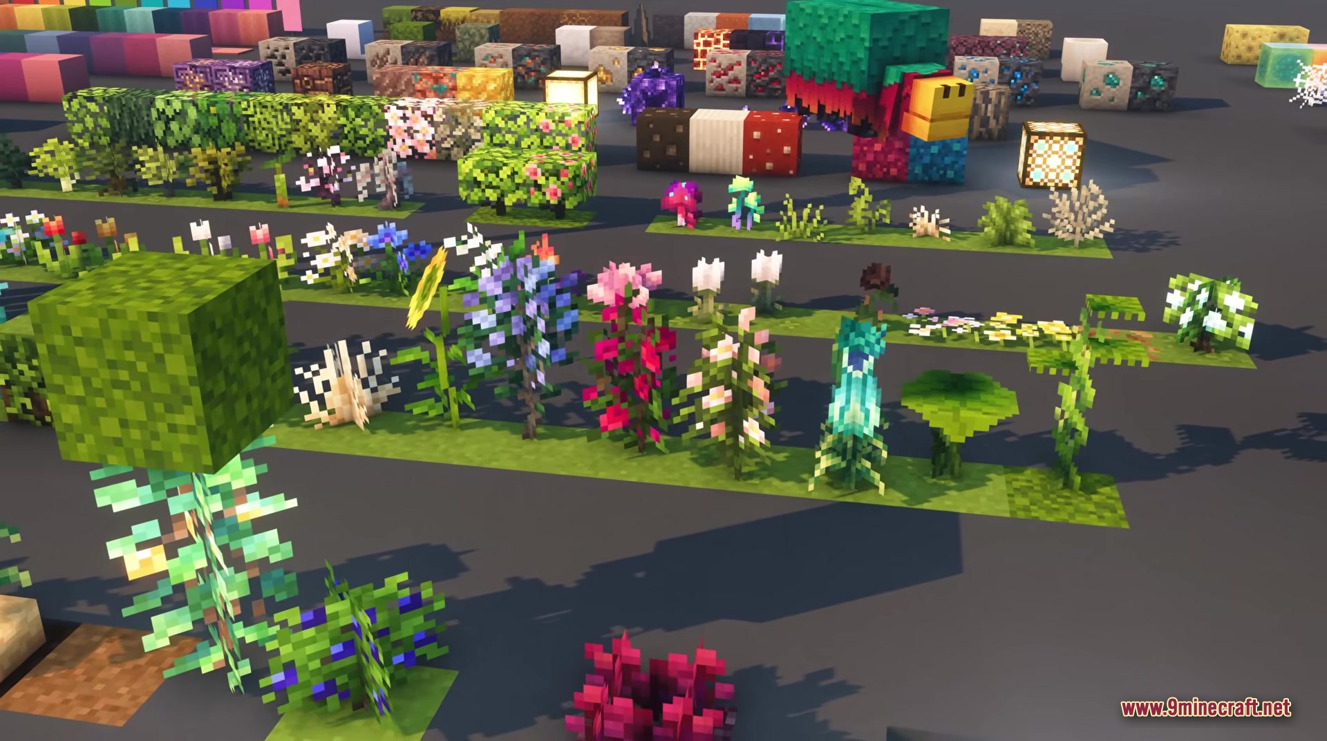 A Sniffer mob stands among various colorful flowers and custom textured blocks