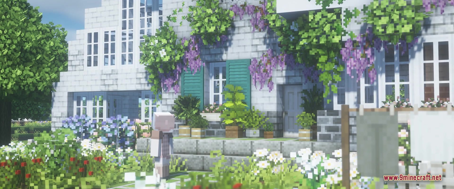 A cozy cottage showcasing Mizuno Craft textures and vibrant garden flowers