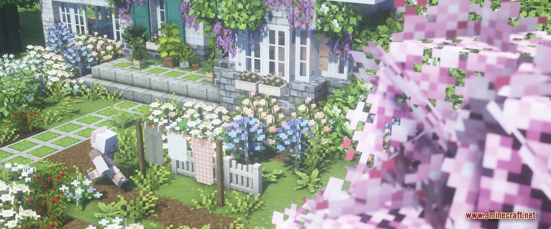 A player walking through a flowery garden with laundry hanging on a line