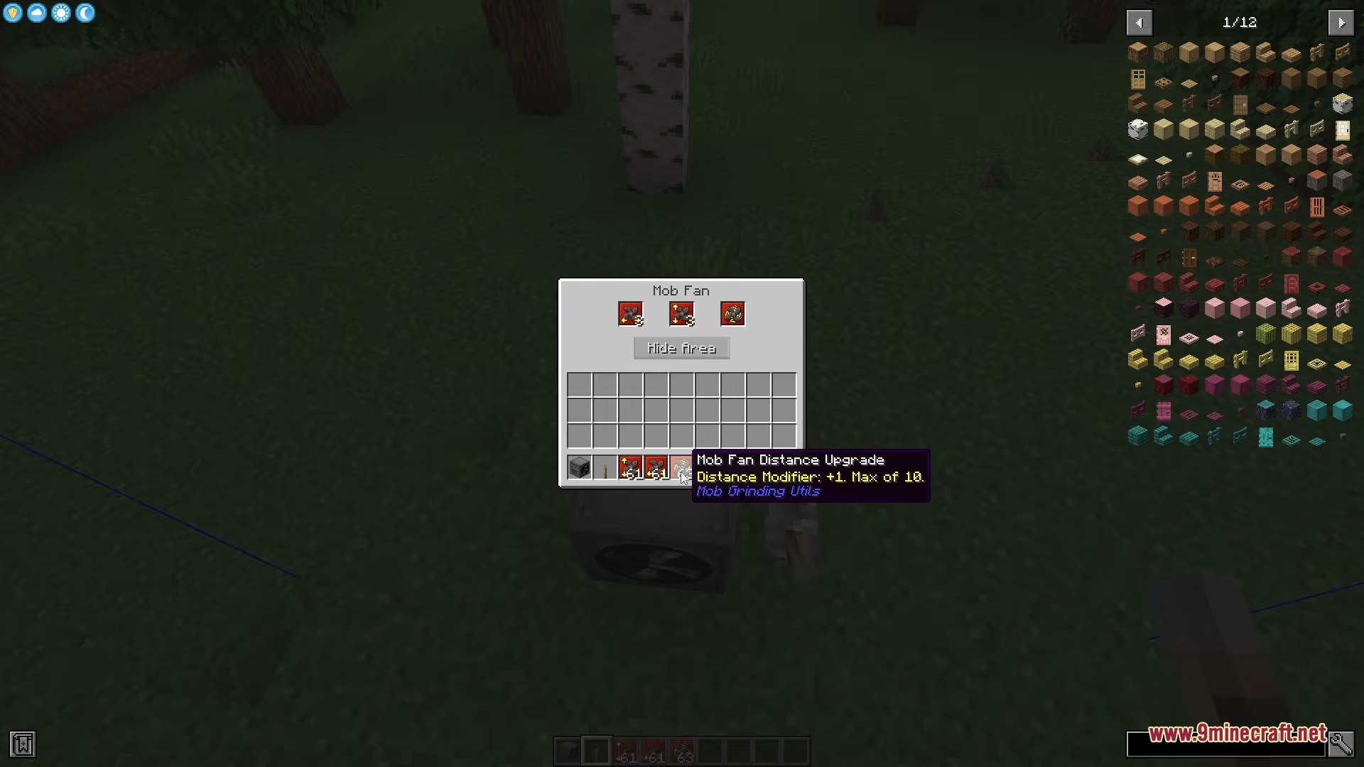 The Mob Fan interface showing distance upgrades from Mob Grinding Utils mod