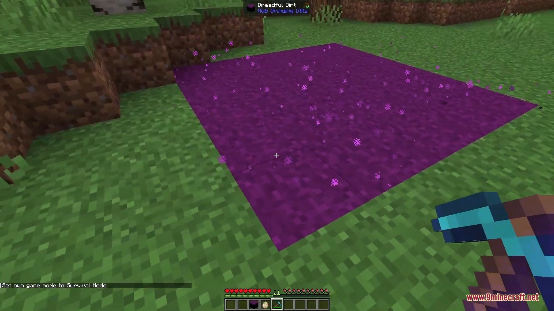 A patch of purple Dreadful Dirt block placed on the grass in Minecraft