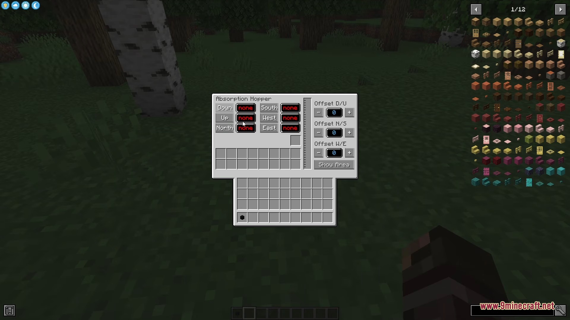 The configuration interface for the Absorption Hopper block in Mob Grinding Utils