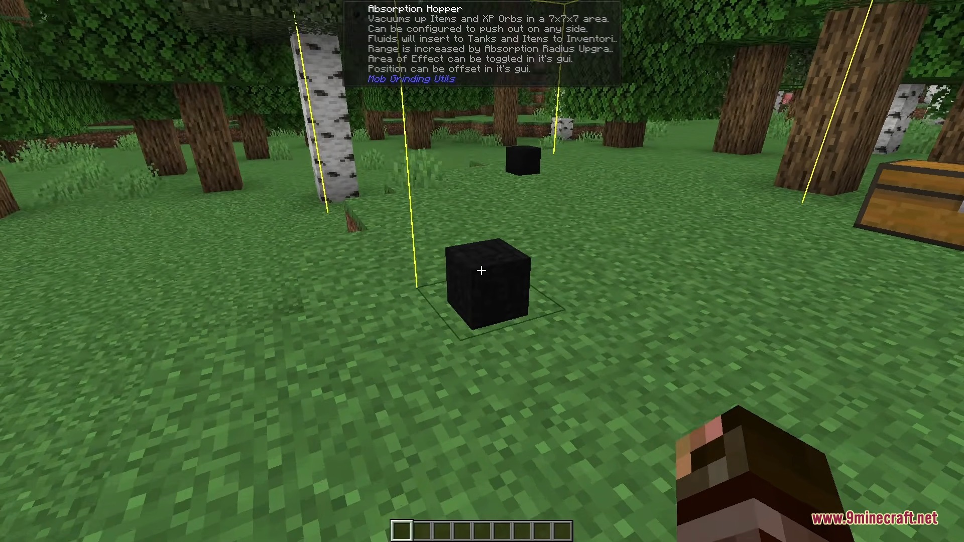 Black Absorption Hopper block from Mob Grinding Utils placed on the grass