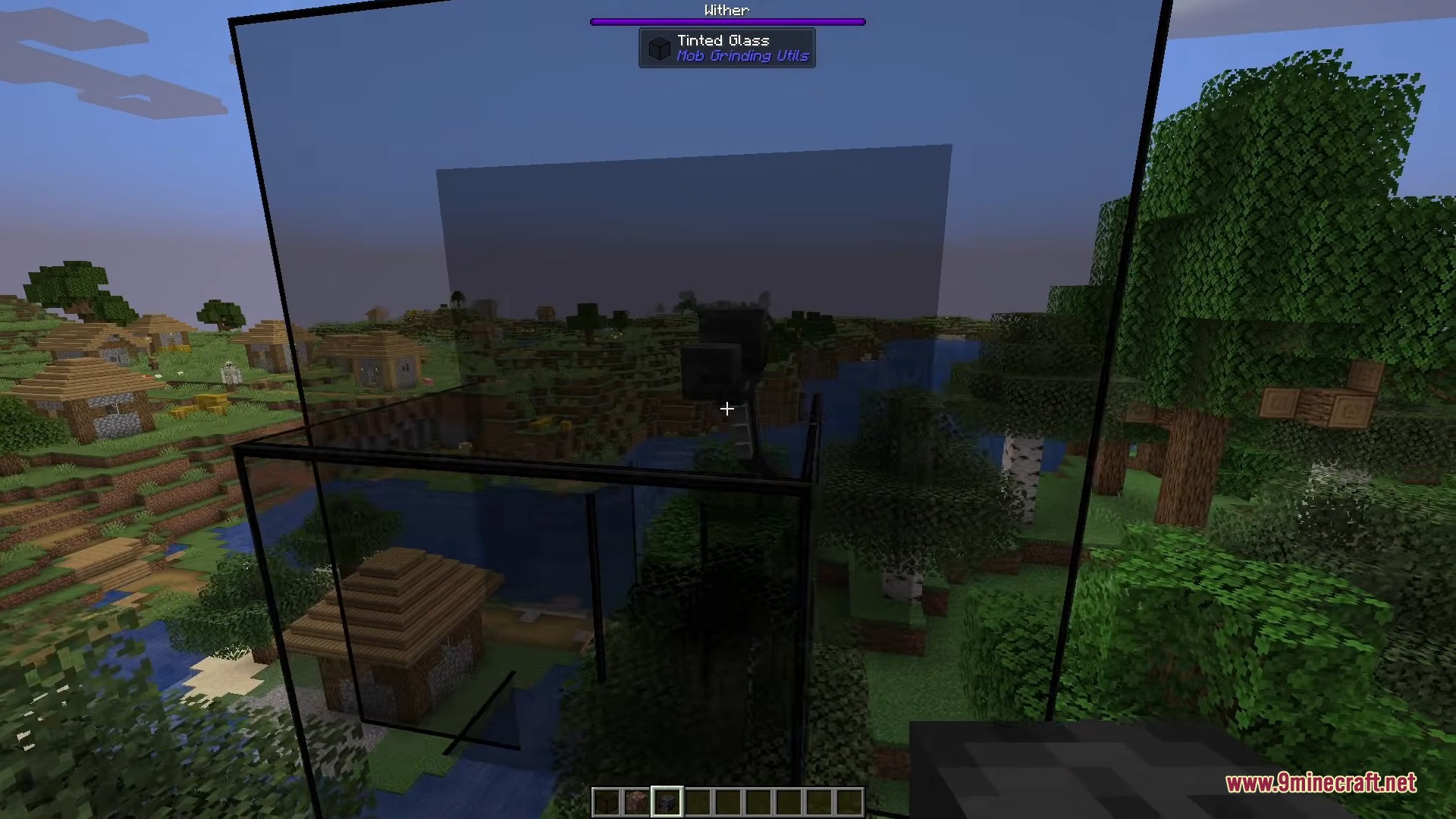 A Wither boss health bar appears above a large tinted glass structure