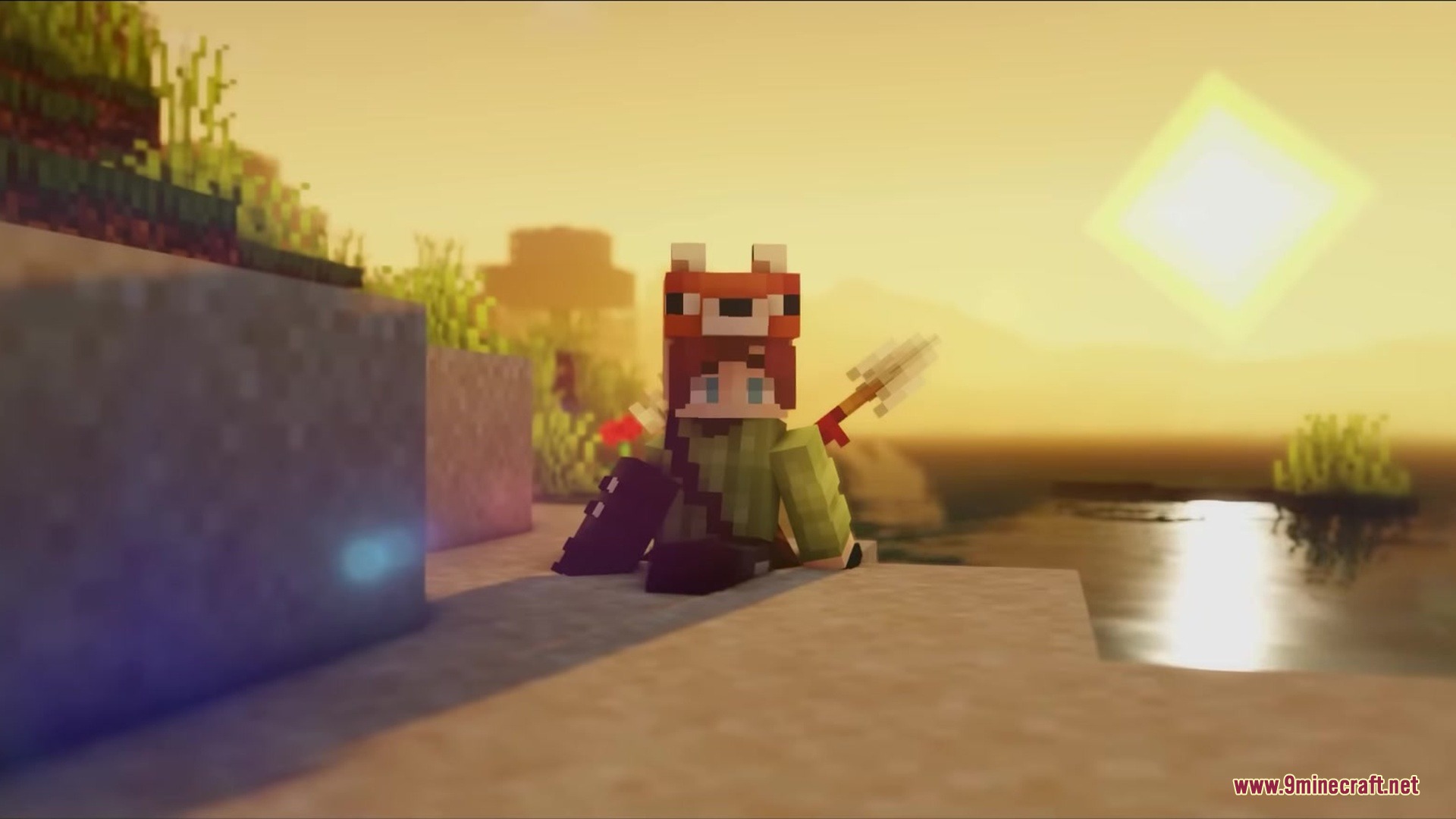 Mod Primal Mod Screenshot 10 A player wearing a fox mask sits on the beach at sunset