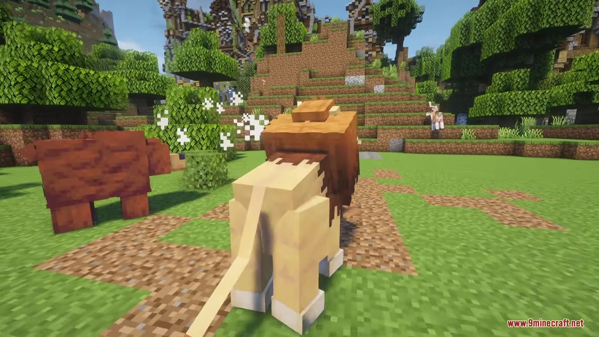 Mod Primal Mod Screenshot 3 A lion stands in a grassy field looking at a brown creature