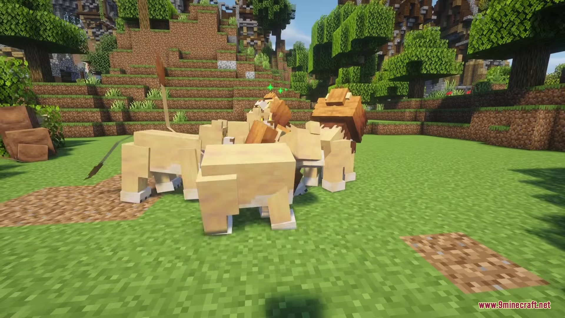 Mod Primal Mod Screenshot 5 A pride of lions gathered together in a grassy Minecraft field