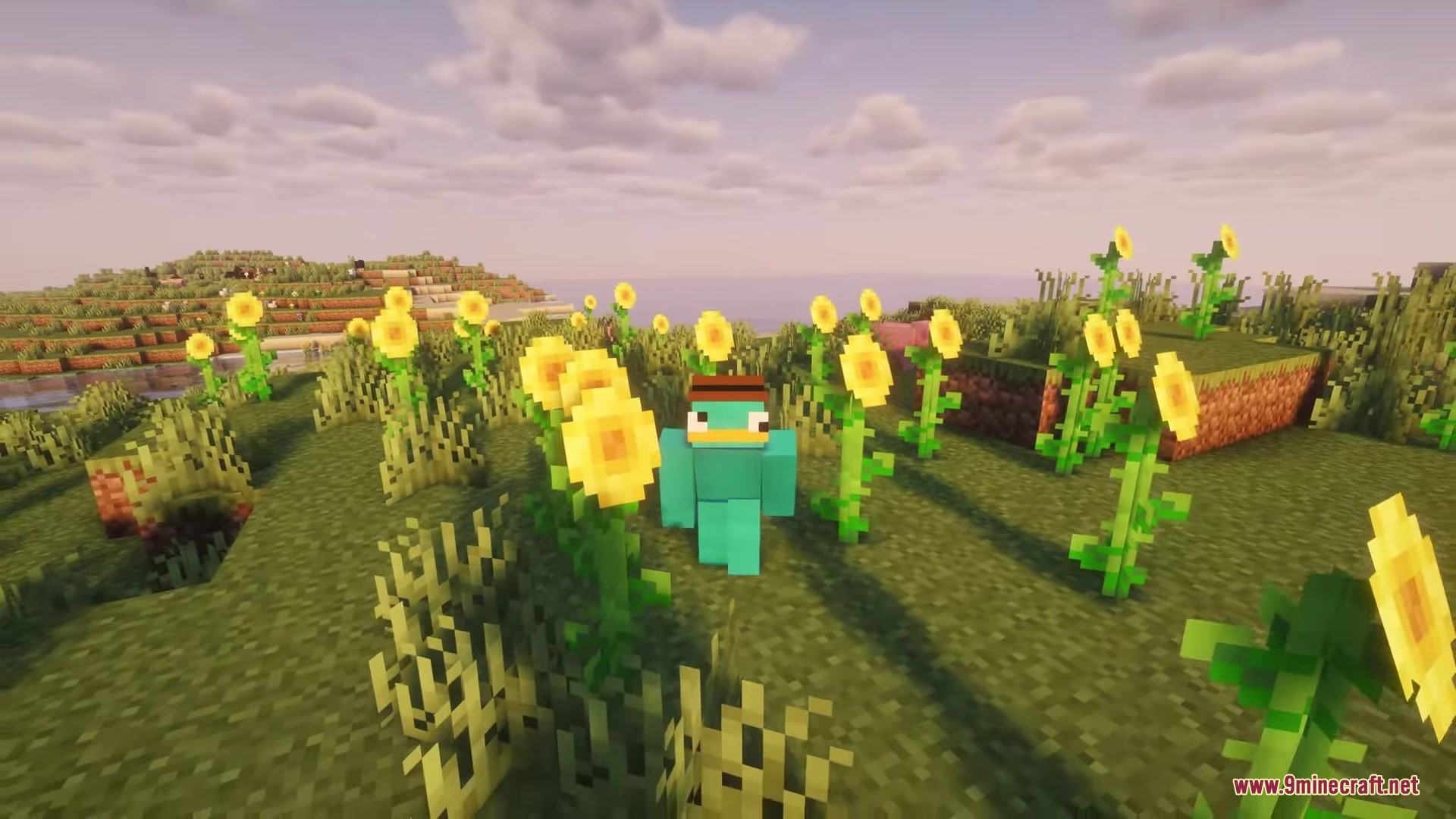 Mod Primal Mod Screenshot 7 A player wearing a platypus skin standing in a field of sunflowers