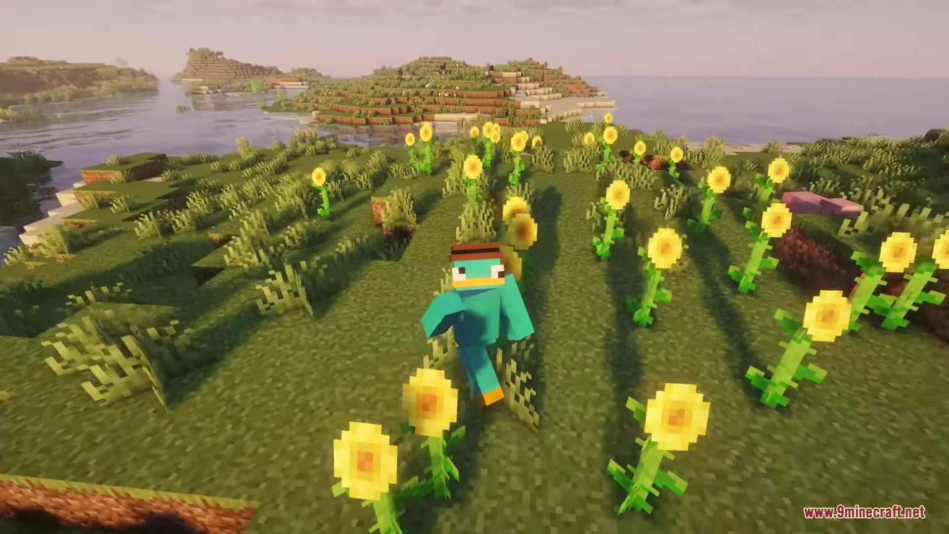 Mod Primal Mod Screenshot 8 A player wearing a platypus skin running through sunflowers near the coast