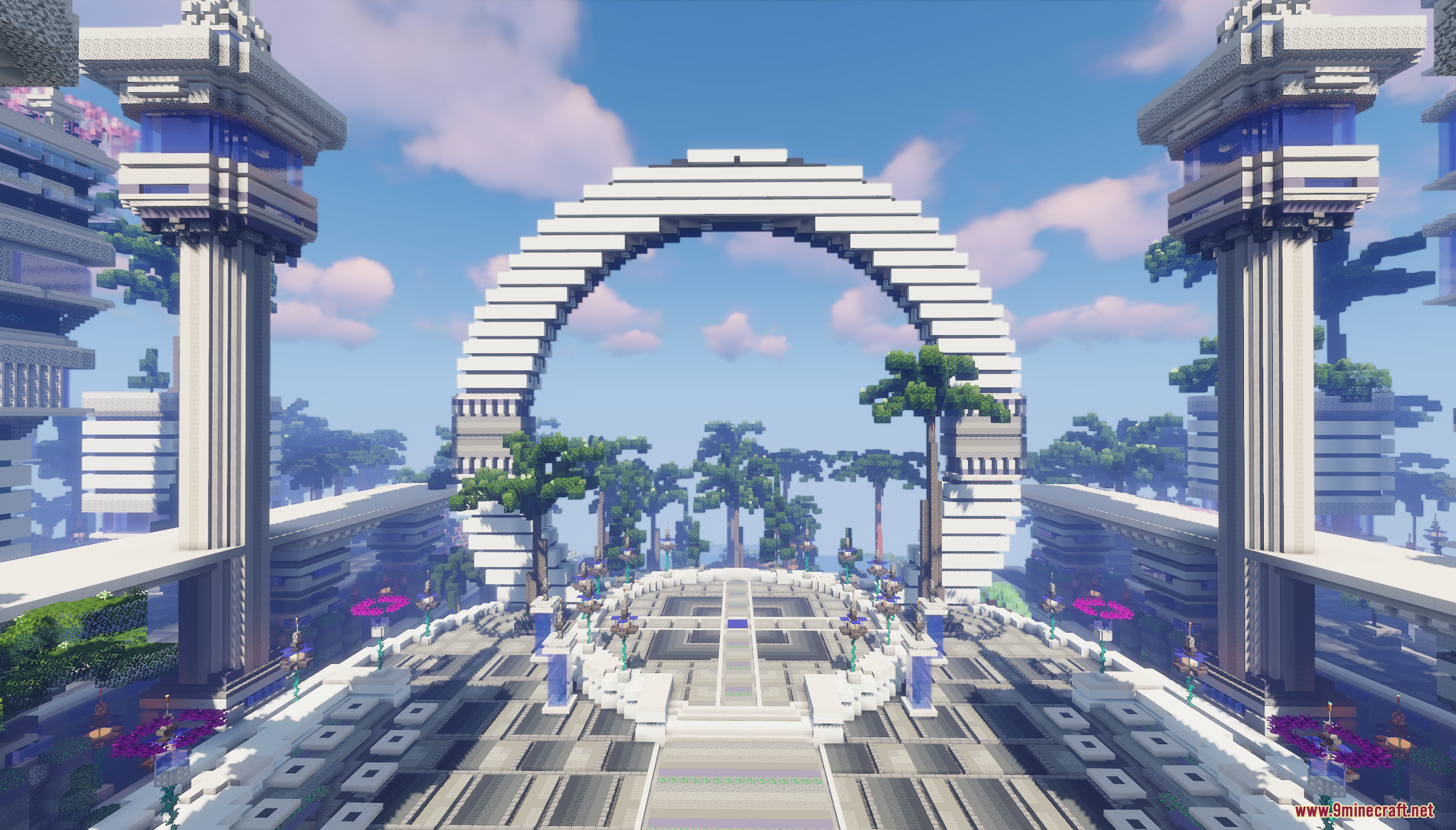 A massive white circular archway stands in the Modern Age Lobby Map plaza
