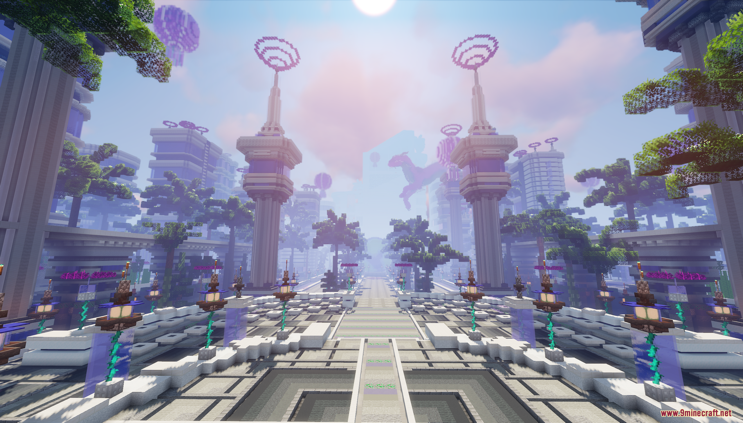 A grand futuristic plaza featuring tall pillars and floating decorations in the sky