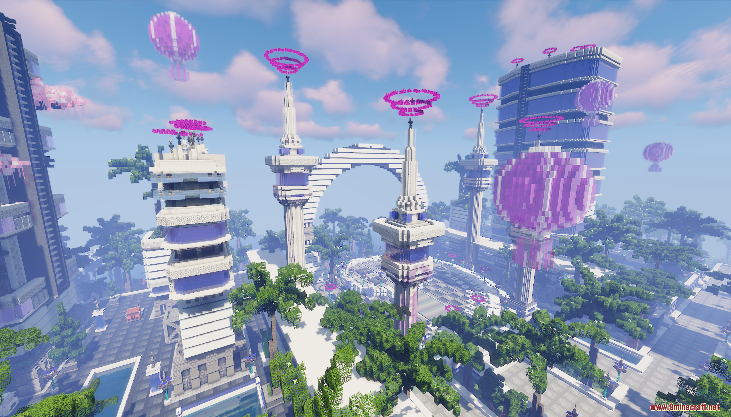 Futuristic city landscape with white skyscrapers and pink floating balloons in Minecraft